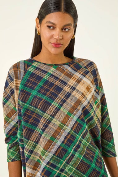 Roman Green Check Print Round Hem Top
