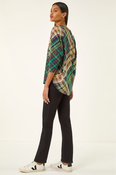 Roman Green Check Print Round Hem Top