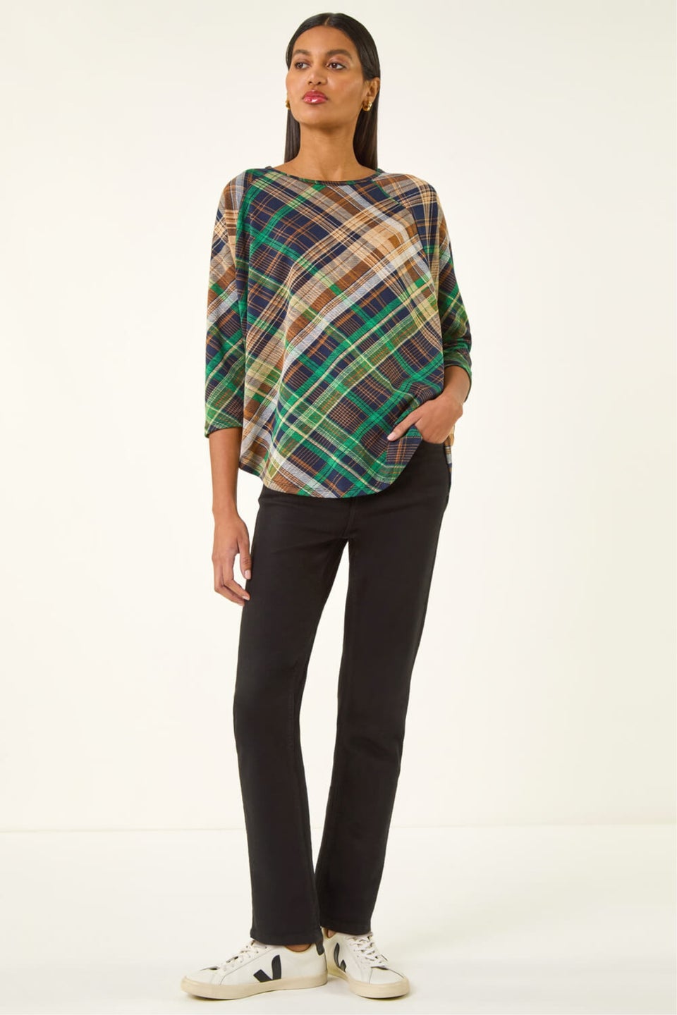 Roman Green Check Print Round Hem Top
