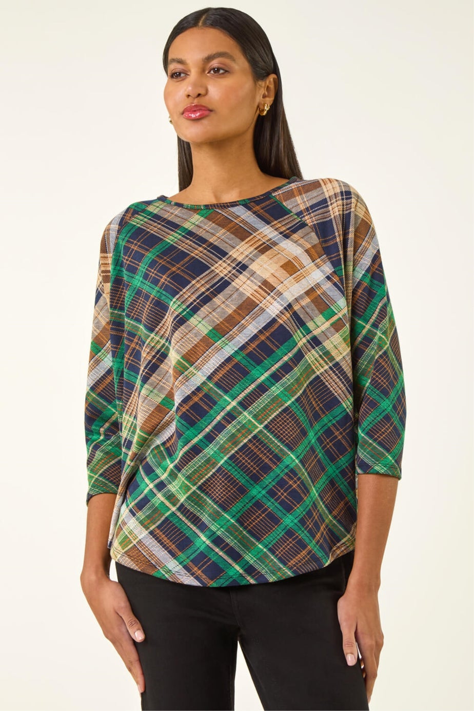 Roman Green Check Print Round Hem Top