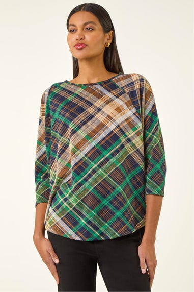 Roman Green Check Print Round Hem Top