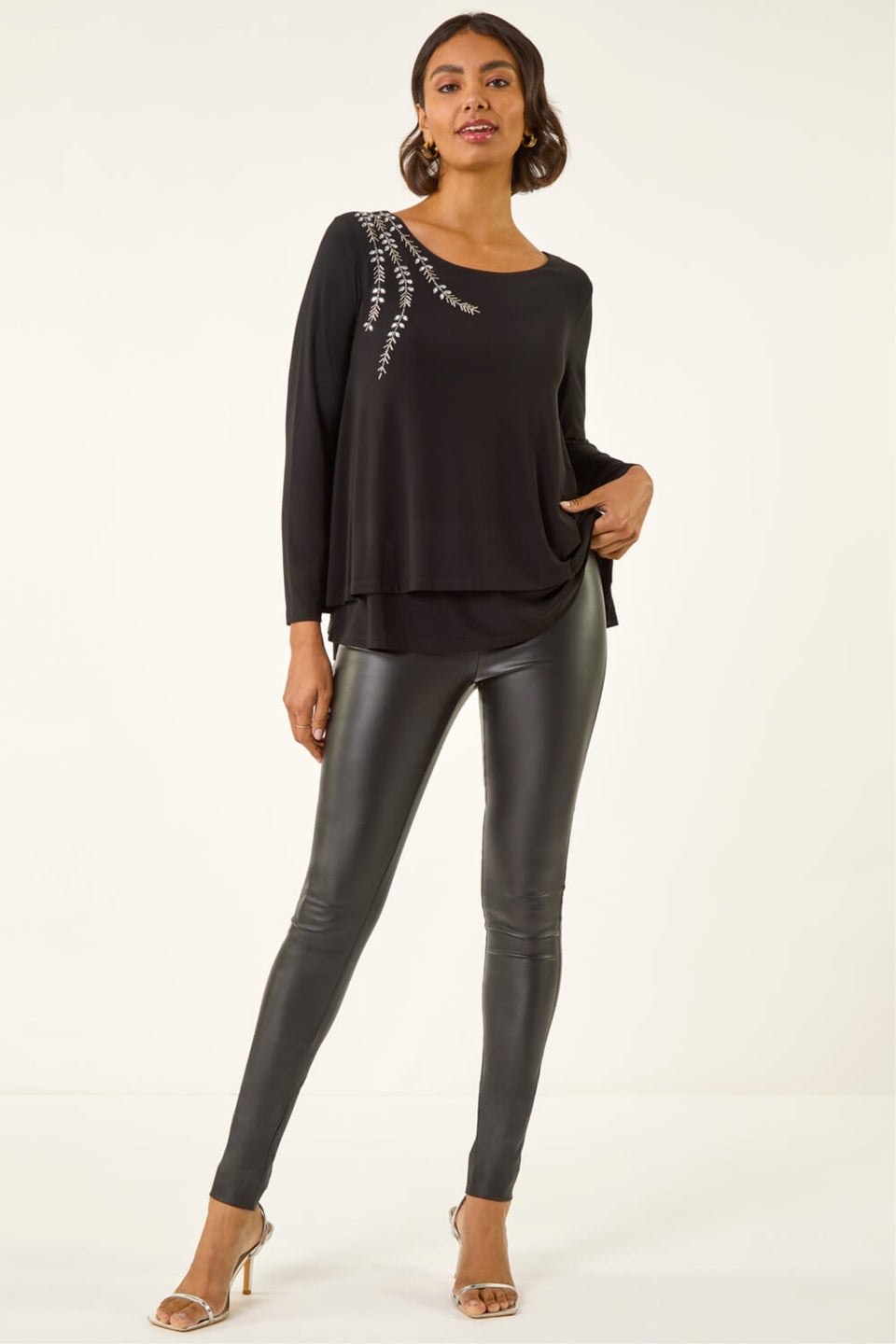 Roman Black Embellished Double Layer Tunic Top