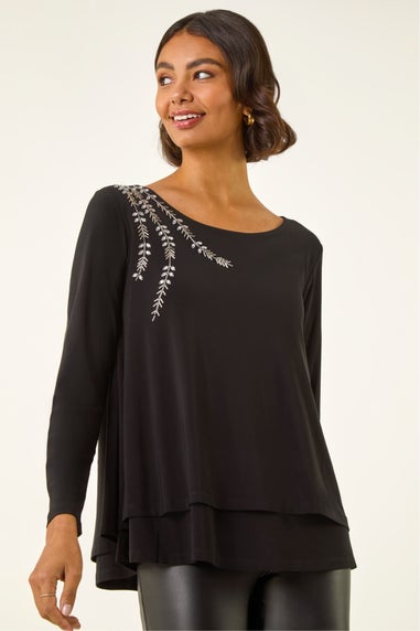 Roman Black Embellished Double Layer Tunic Top