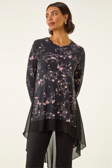 Roman Pink Floral Chiffon Hem Tunic Top