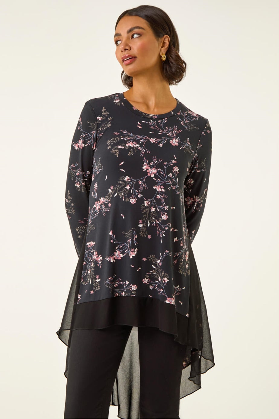 Roman Pink Floral Chiffon Hem Tunic Top