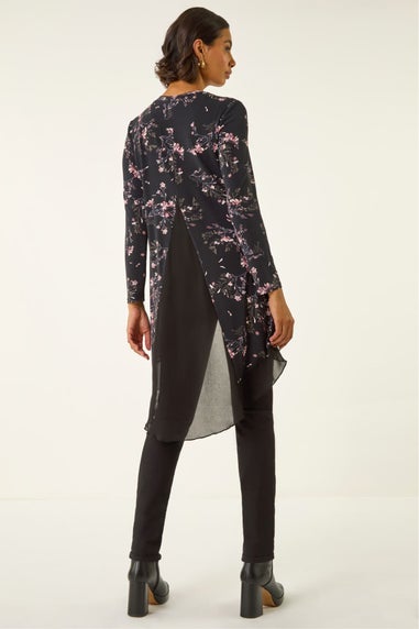 Roman Pink Floral Chiffon Hem Tunic Top