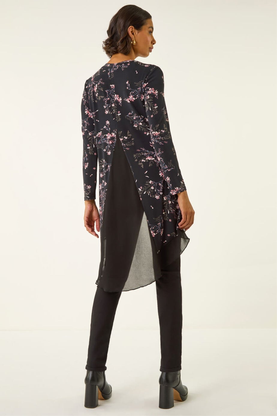 Roman Pink Floral Chiffon Hem Tunic Top