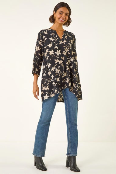 Roman Black Floral Wrap Hem Tunic Top
