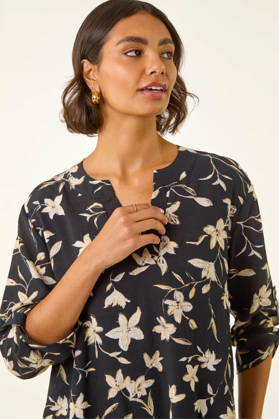 Roman Black Floral Wrap Hem Tunic Top