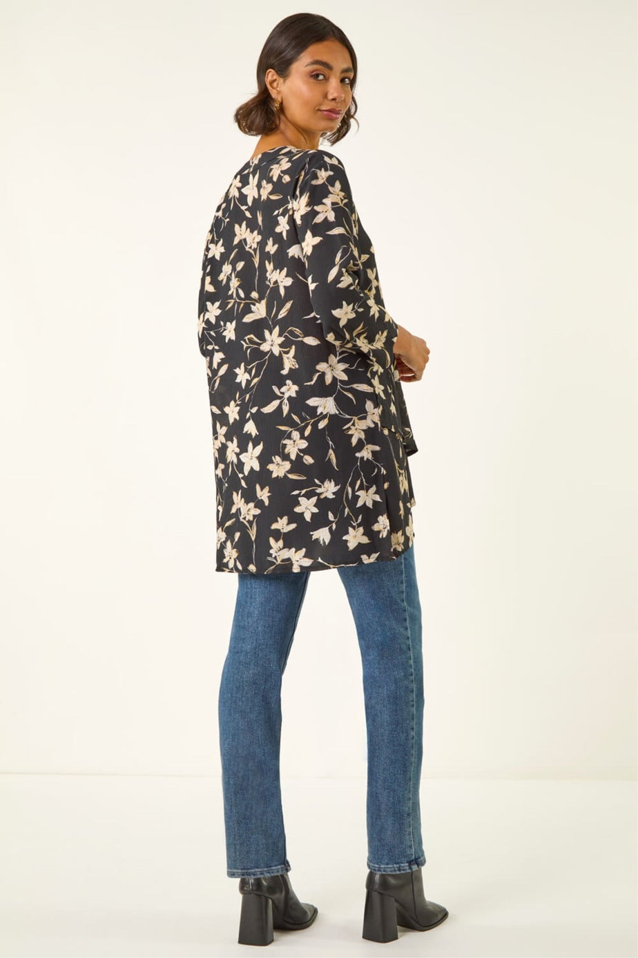 Roman Black Floral Wrap Hem Tunic Top