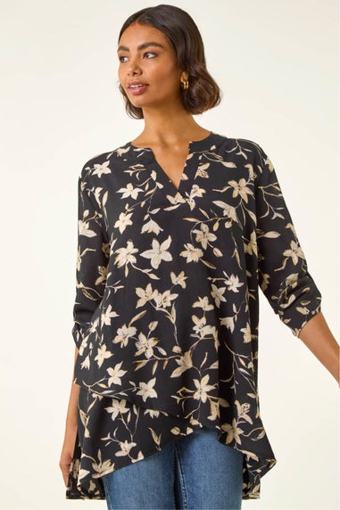 Roman Black Floral Wrap Hem Tunic Top