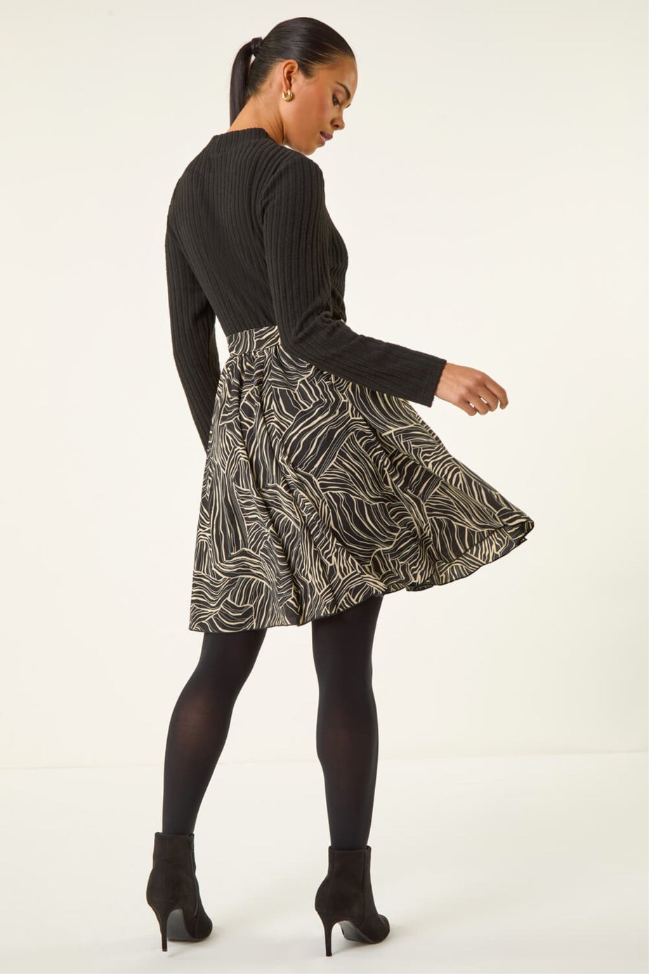 Roman Black Petite Animal Print Tie Front Knit Dress