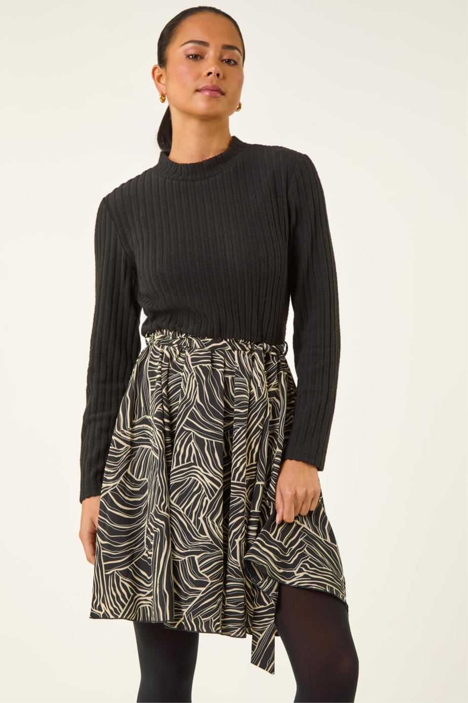 Roman Black Petite Animal Print Tie Front Knit Dress