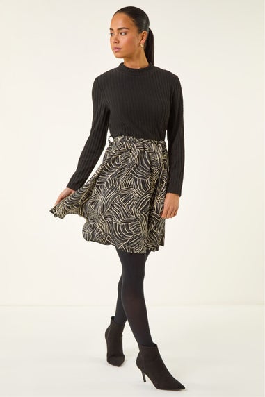 Roman Black Petite Animal Print Tie Front Knit Dress
