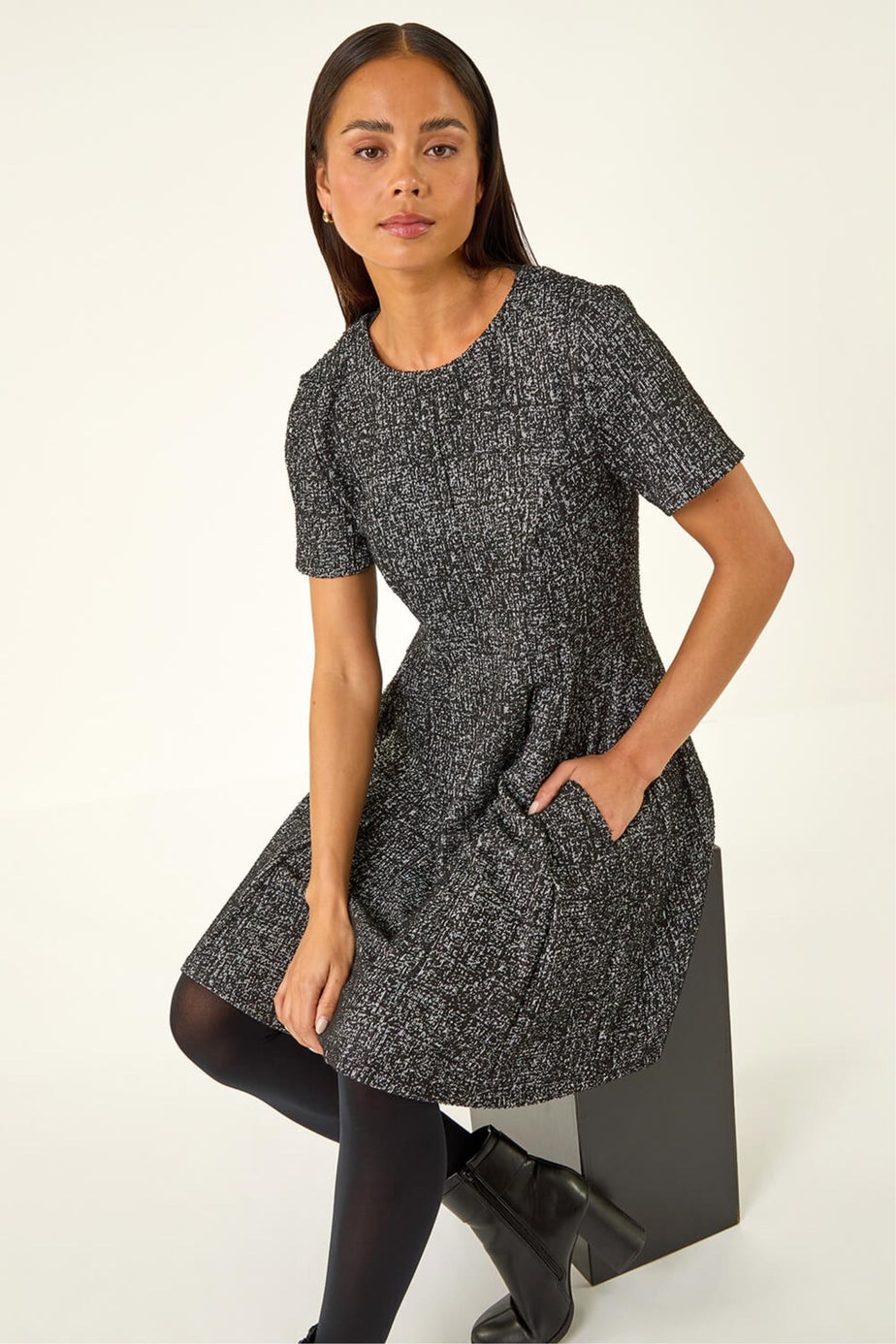 Roman Black Petite Boucle Knit Dress