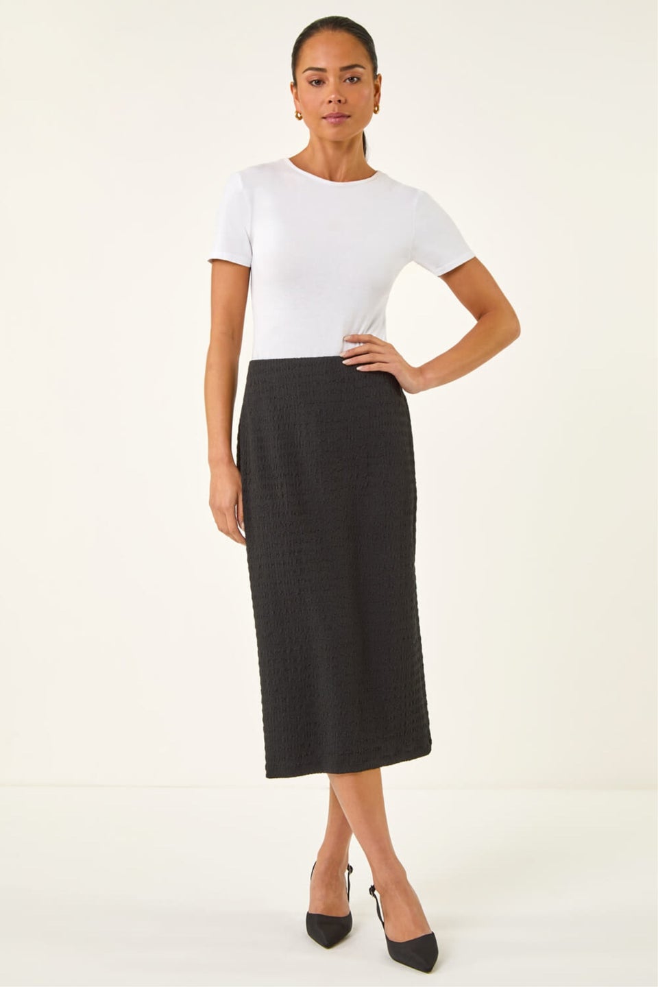 Roman Black Petite Textured Midi Skirt