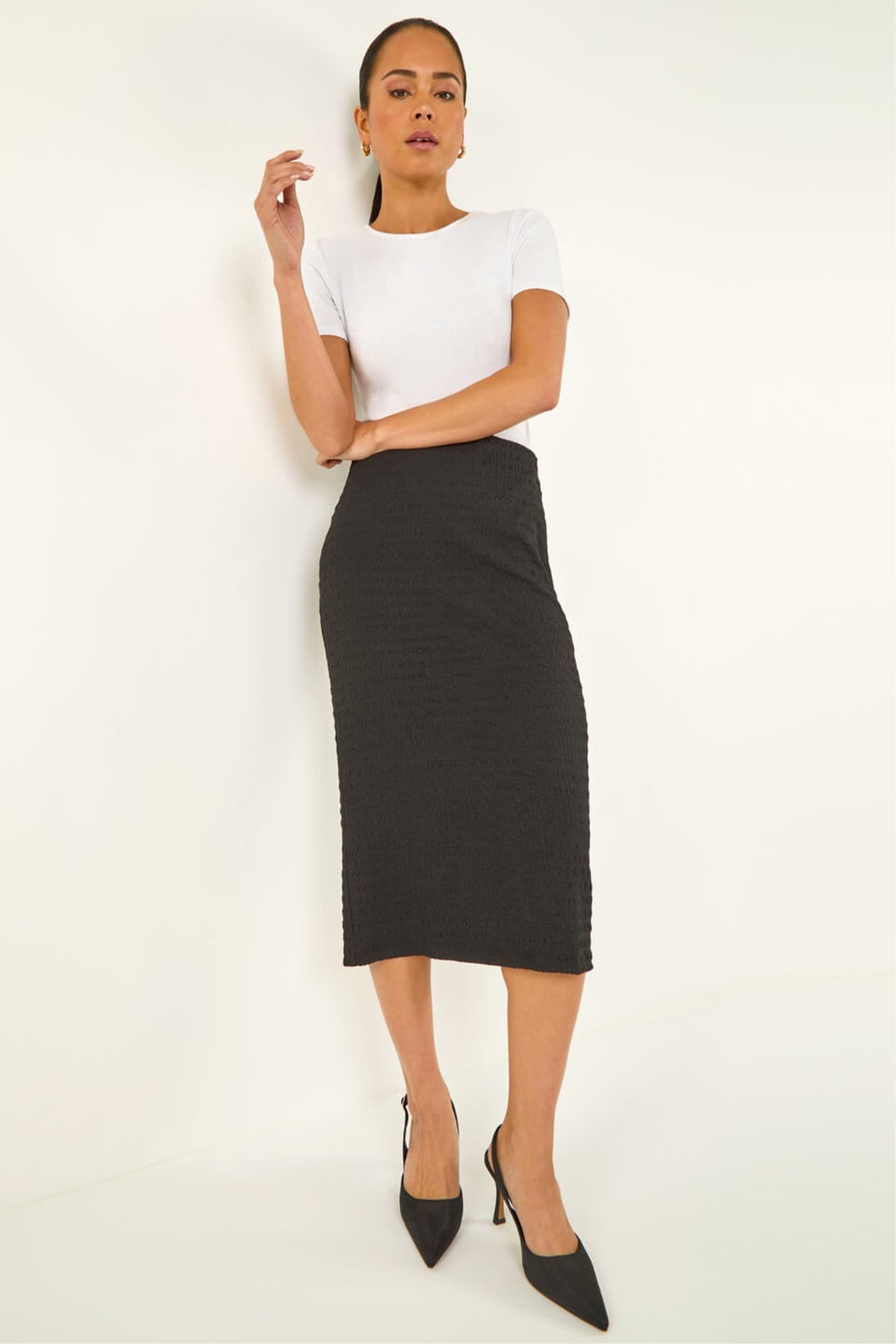 Roman Black Petite Textured Midi Skirt