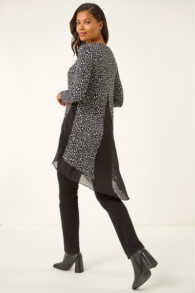 Roman Black Spot Print Chiffon Hem Stretch Top