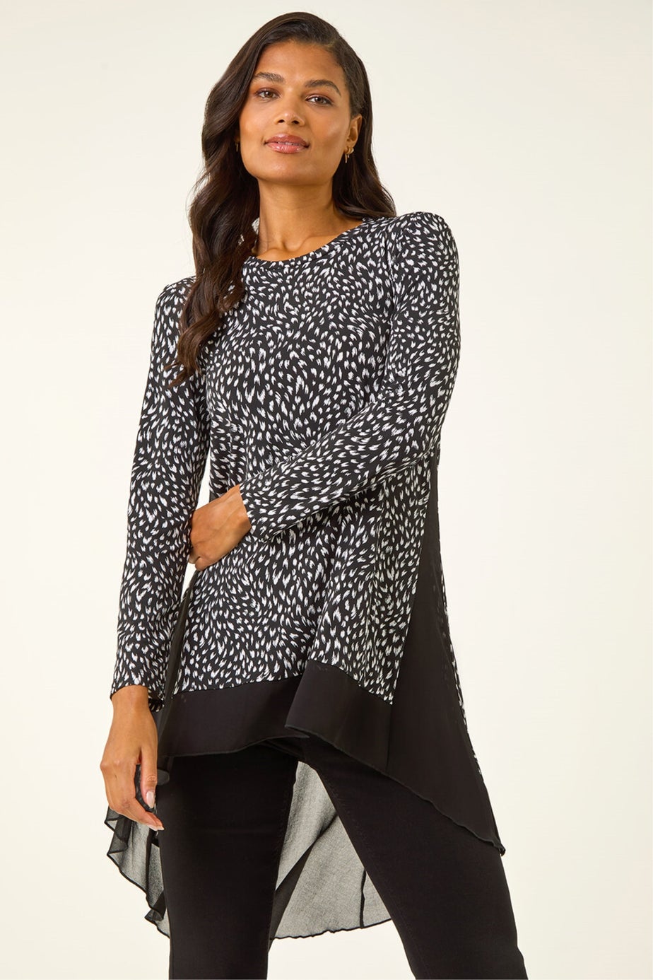 Roman Black Spot Print Chiffon Hem Stretch Top
