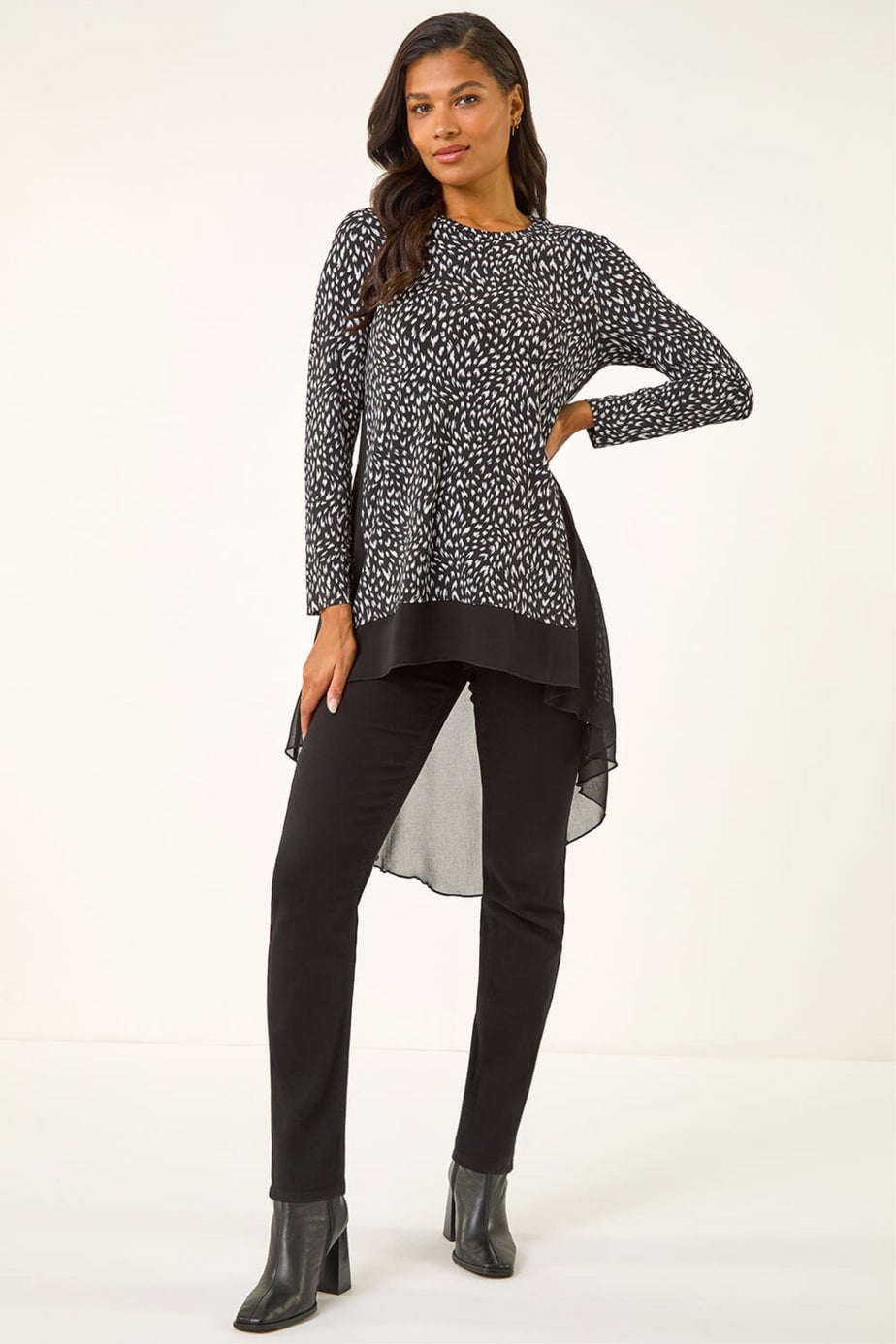 Roman Black Spot Print Chiffon Hem Stretch Top