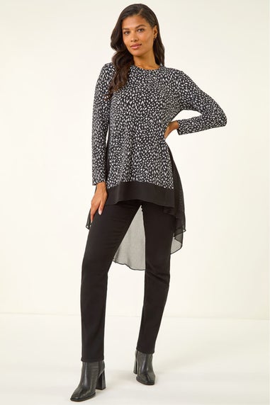Roman Black Spot Print Chiffon Hem Stretch Top