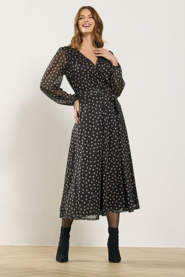 M&Co Black Polka Dot Mesh Wrap Dress