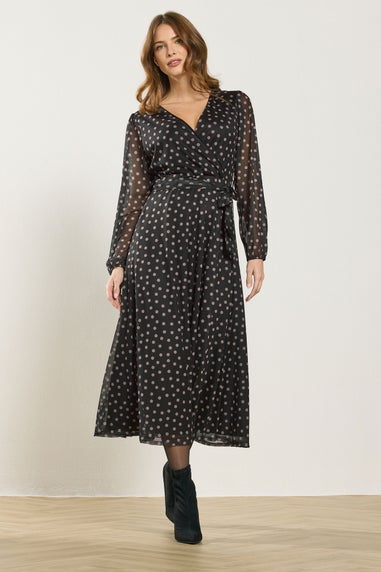 M&Co Black Polka Dot Mesh Wrap Dress