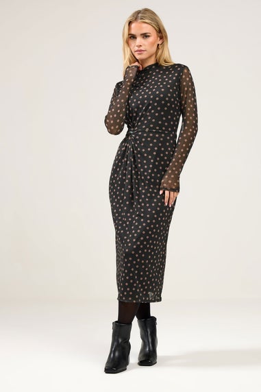 M&Co Petite Black Spot Print Side Twist Mesh Dress