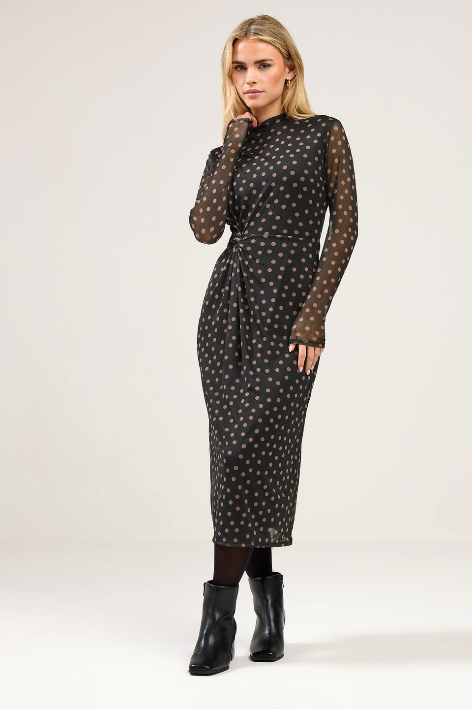 M&Co Petite Black Spot Print Side Twist Mesh Dress