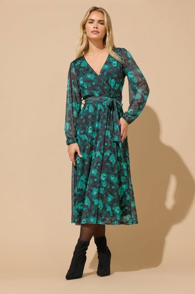 M&Co Petite Teal Green Floral Mesh Wrap Dress