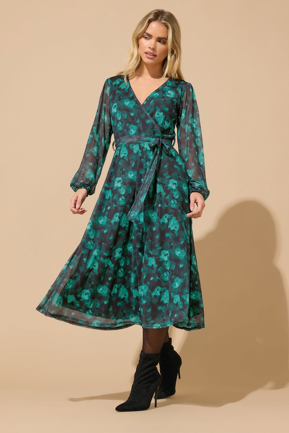 M&Co Petite Teal Green Floral Mesh Wrap Dress