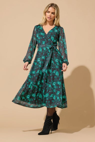 M&Co Petite Teal Green Floral Mesh Wrap Dress