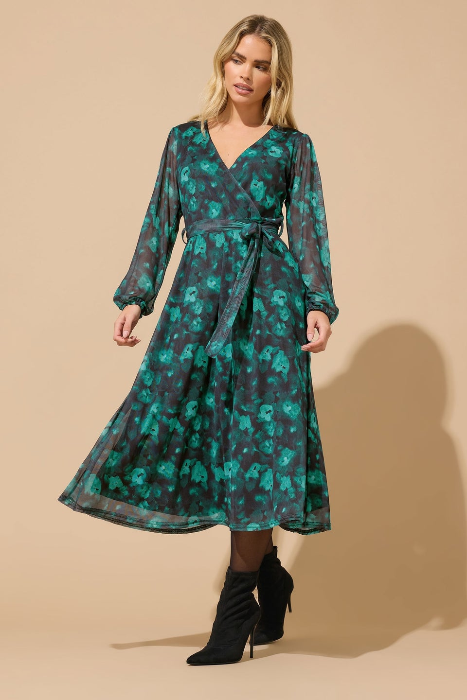 M&Co Petite Teal Green Floral Mesh Wrap Dress
