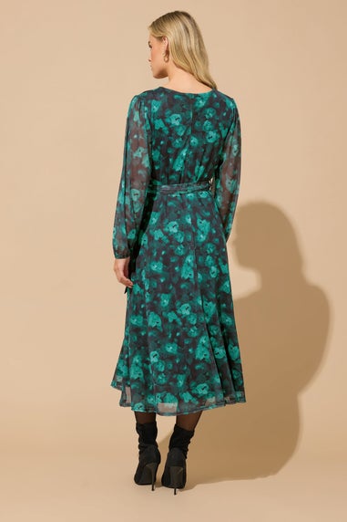 M&Co Petite Teal Green Floral Mesh Wrap Dress
