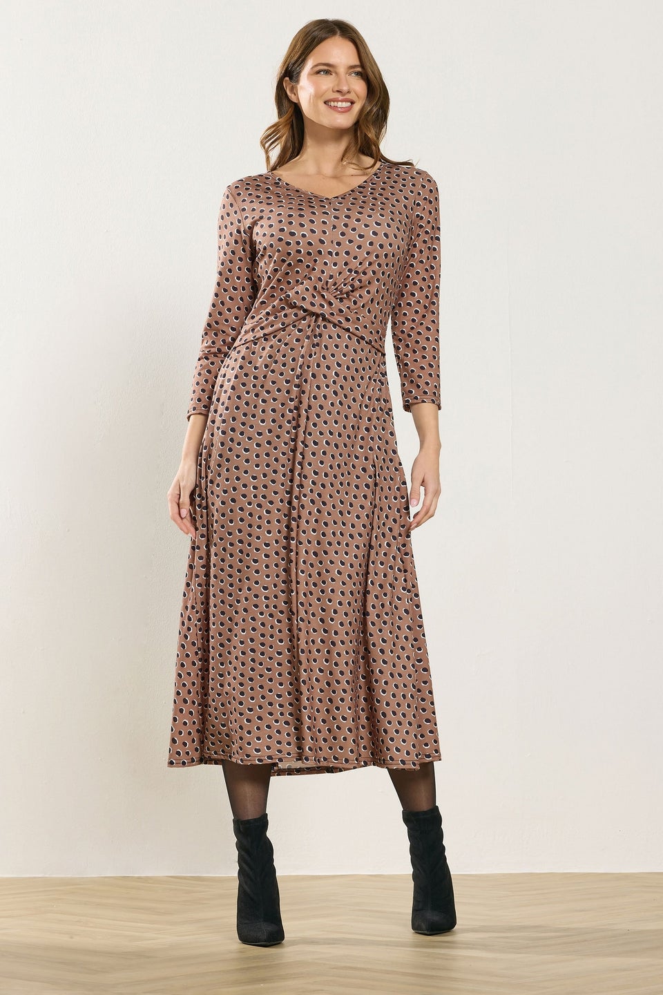 M&Co Mocha Brown Spot Twist Front Dress
