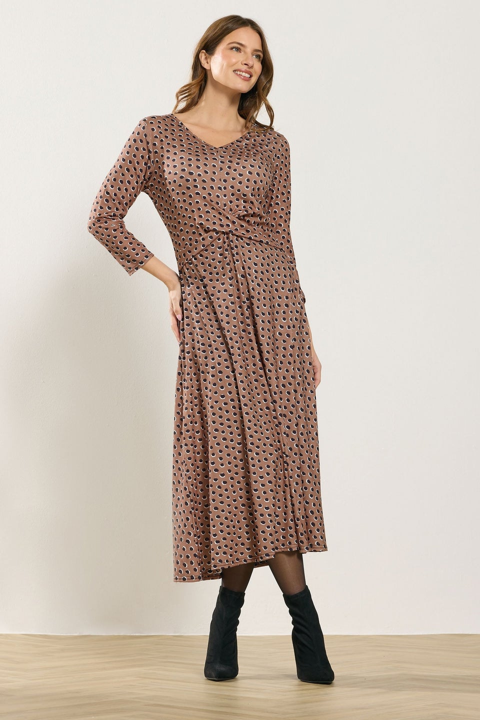 M&Co Mocha Brown Spot Twist Front Dress