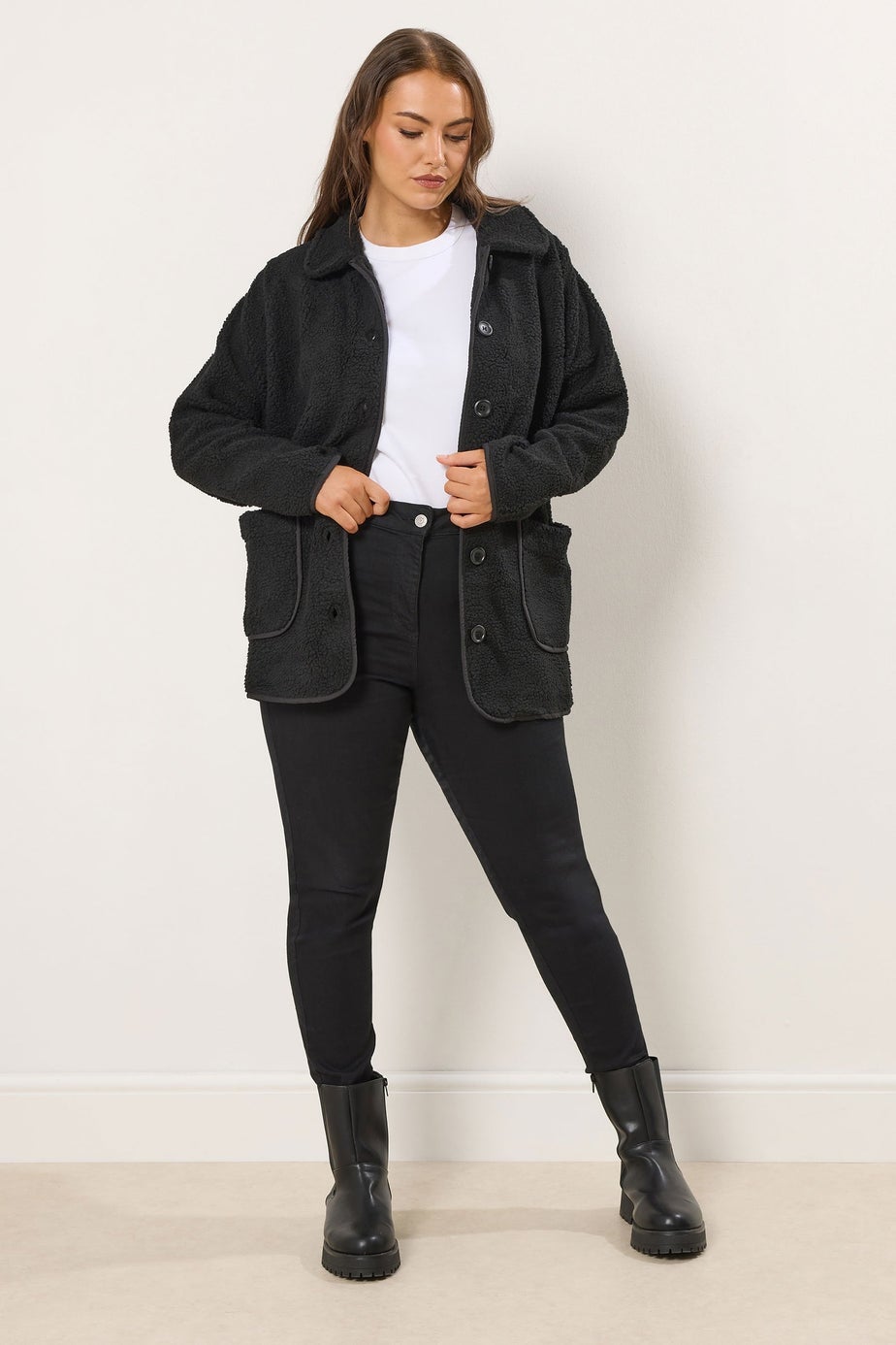 Yours Curve Black Button Teddy Fleece Jacket