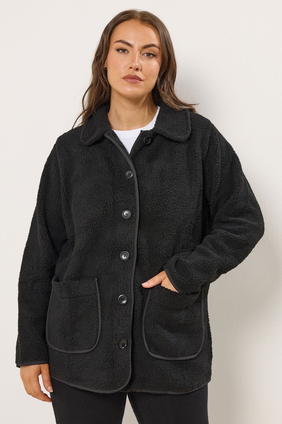 Yours Curve Black Button Teddy Fleece Jacket