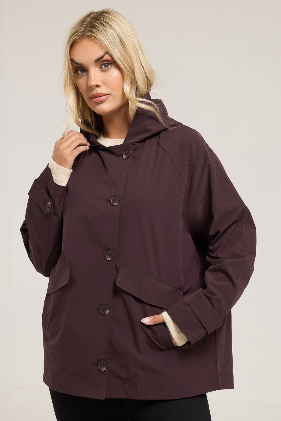 Yours Curve Burgundy Red Hooded Raglan Jacket