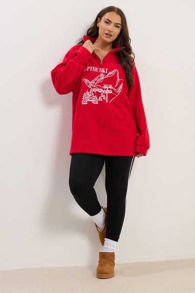 Yours Curve Red 'Alpine Ski' Quarter Zip Fleece