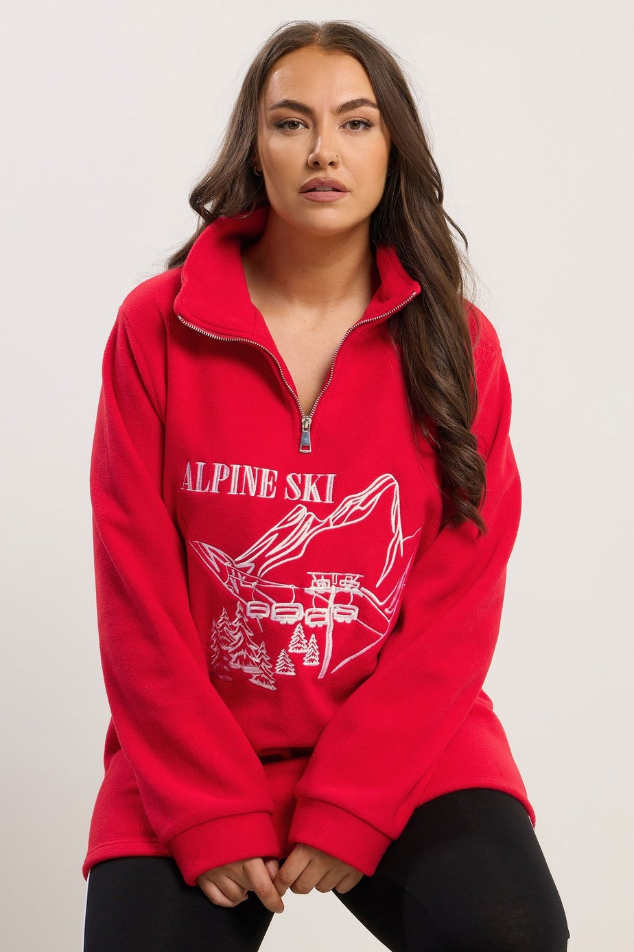 Yours Curve Red 'Alpine Ski' Quarter Zip Fleece