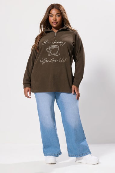 Yours Curve Chocolate Brown 'Coffee Lover Club' Quarter Zip Fleece