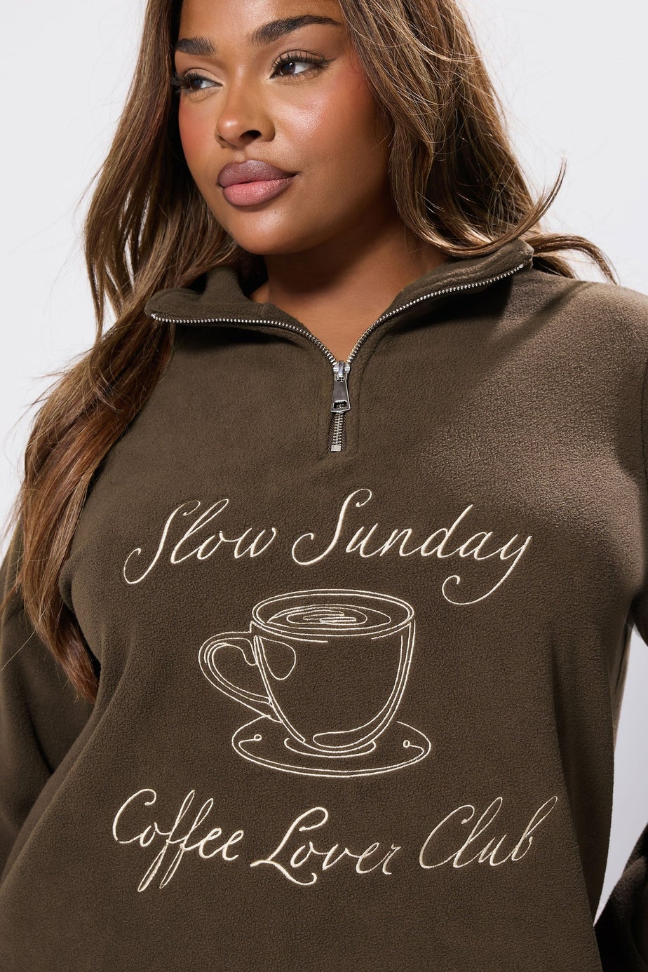 Yours Curve Chocolate Brown 'Coffee Lover Club' Quarter Zip Fleece