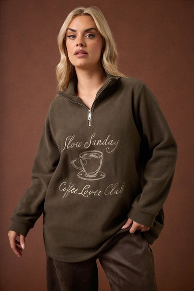 Yours Curve Chocolate Brown 'Coffee Lover Club' Quarter Zip Fleece
