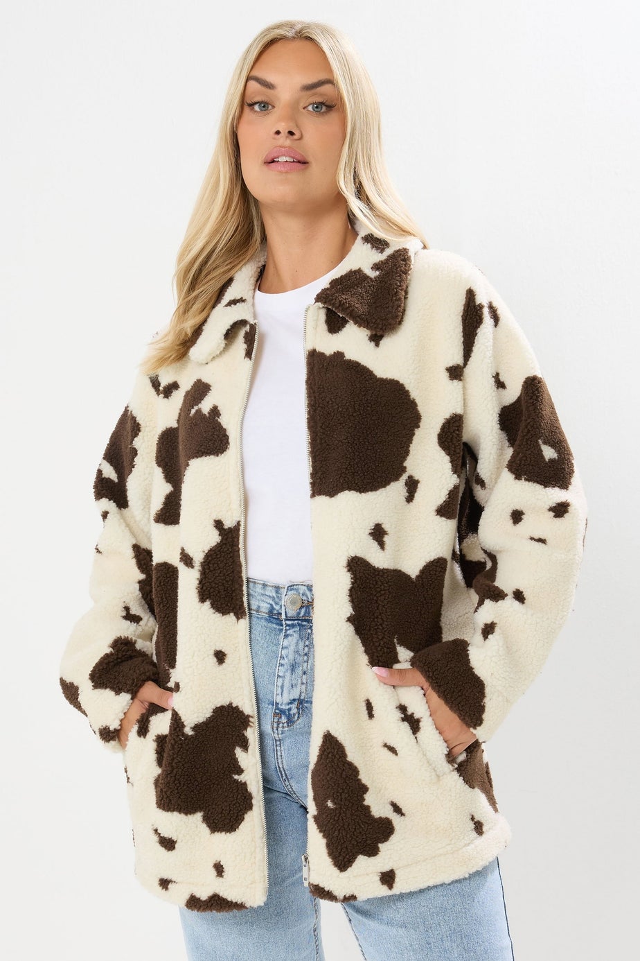 Yours Curve Natural Brown Cow Print Teddy Borg Jacket