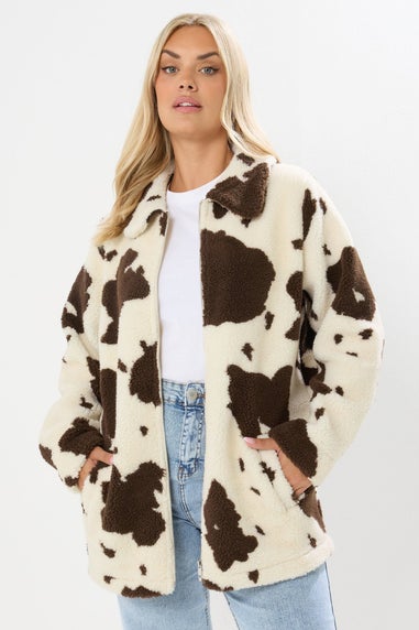 Yours Curve Natural Brown Cow Print Teddy Borg Jacket