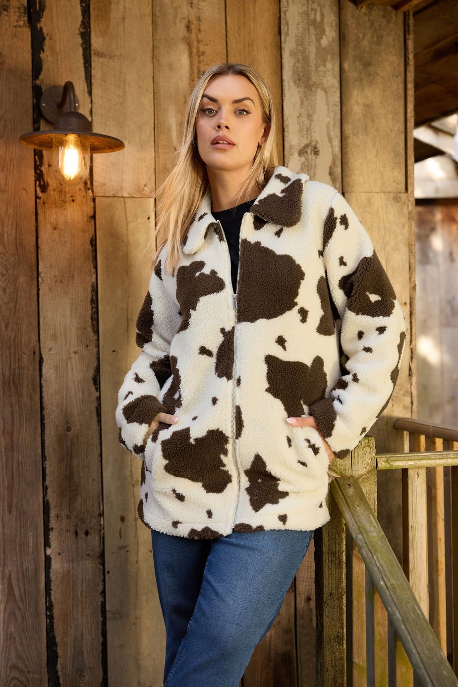 Yours Curve Natural Brown Cow Print Teddy Borg Jacket