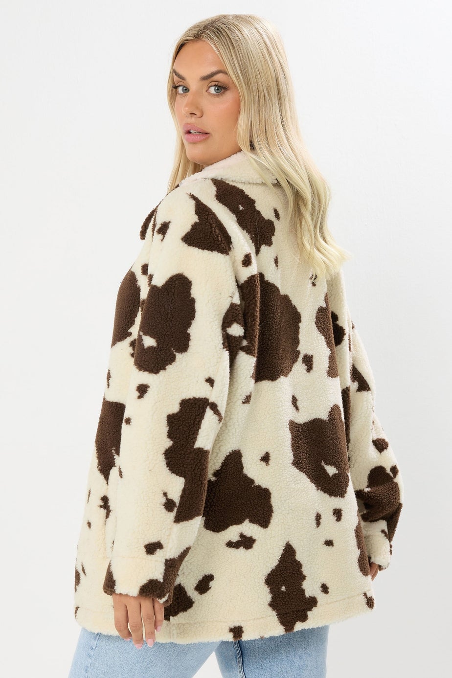 Yours Curve Natural Brown Cow Print Teddy Borg Jacket