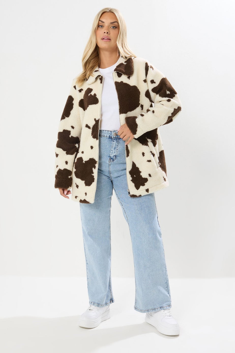 Yours Curve Natural Brown Cow Print Teddy Borg Jacket