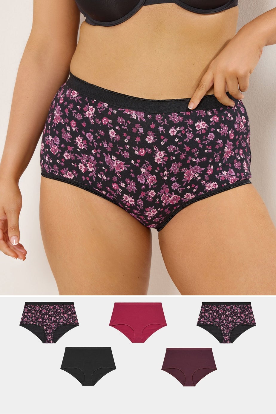Yours 5 Pack Curve Burgundy Red Floral Full Briefs